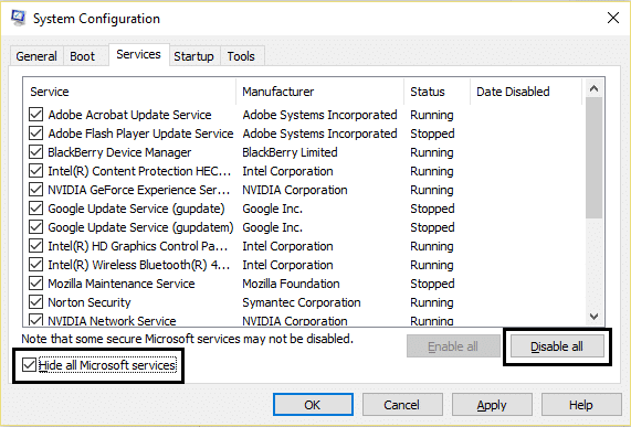 ocultar todos los servicios de microsoft en la configuración del sistema