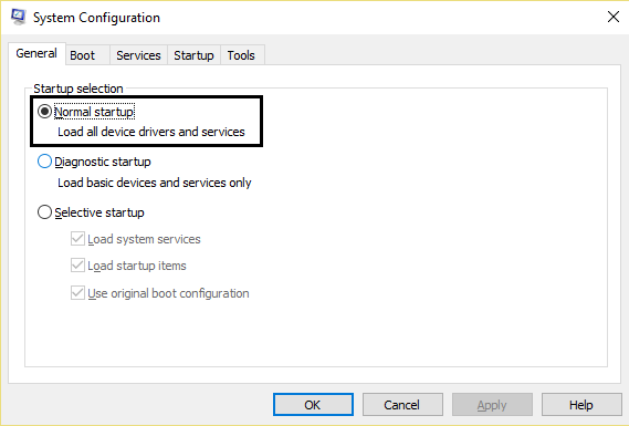 la configuración del sistema habilita el inicio normal/realiza un inicio limpio en Windows 10