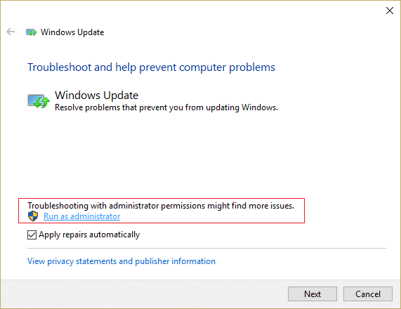 asegúrese de hacer clic en Ejecutar como administrador en el Solucionador de problemas de Windows Update