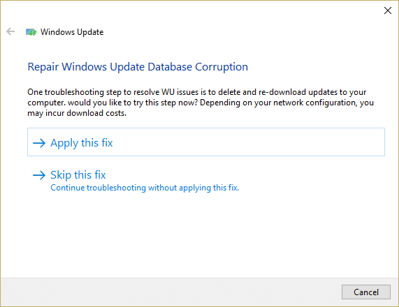 Si se encuentra un problema con Windows Update, haga clic en Aplicar esta solución