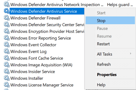 Haga clic derecho en el Servicio antivirus de Windows Defender y seleccione Detener