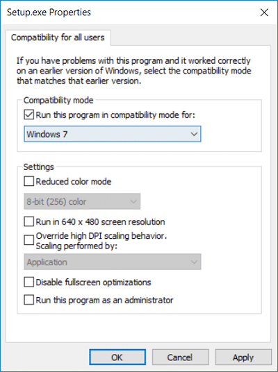 Asegúrese de marcar Ejecutar este programa en modo de compatibilidad para y seleccione Windows 7