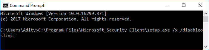 Inicie la ventana de desinstalación de Microsoft Security Client mediante el símbolo del sistema