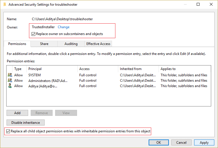 propietario se cambiará a TrustedInstaller |  Restaurar TrustedInstaller como propietario del archivo en Windows 10