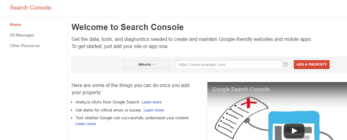 pantalla de bienvenida de la consola de búsqueda de google