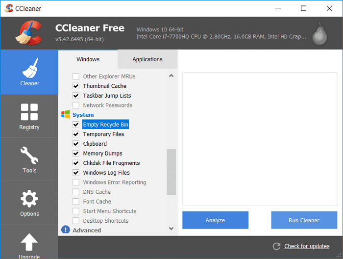 Seleccione Limpiador, luego marque Vaciar papelera de reciclaje en Sistema y haga clic en Ejecutar limpiador