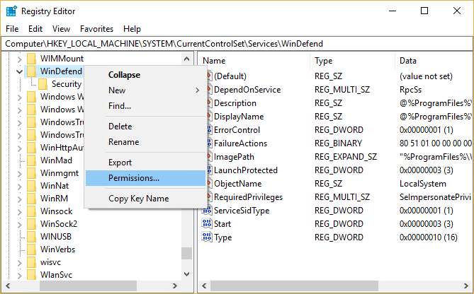 Haga clic derecho en WinDefend y seleccione Permisos