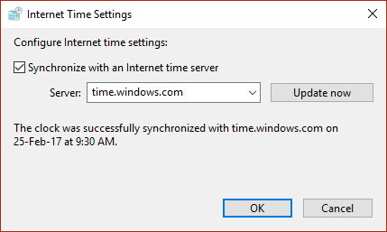 Configuración de hora de Internet, haga clic en sincronizar y luego actualice ahora