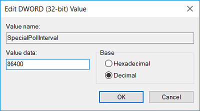 Ahora seleccione Decimal de la Base y luego cambie la Fecha de valor de SpecialPollInterval a 86400