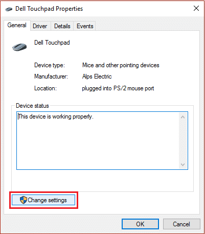 haga clic en cambiar la configuración en la ventana de propiedades del mouse