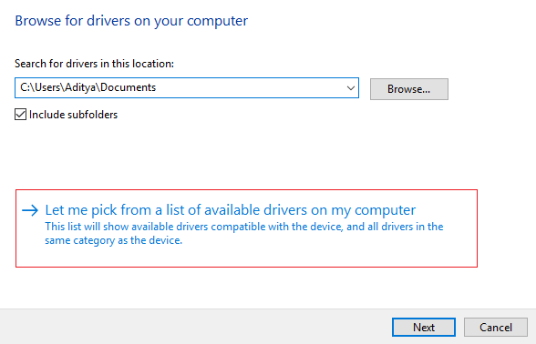 Permitirme elegir de una lista de controladores disponibles en mi computadora |  Reparar DHCP no está habilitado para WiFi en Windows 10