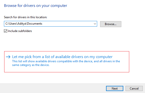 Permitirme elegir de una lista de controladores disponibles en mi computadora |  Solucione el alto uso de CPU por WUDFHost.exe