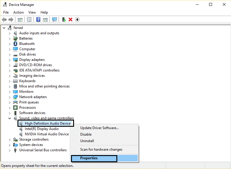 Propiedades del dispositivo de audio de alta definición |  Evite que Windows 10 instale automáticamente los controladores de audio Realtek