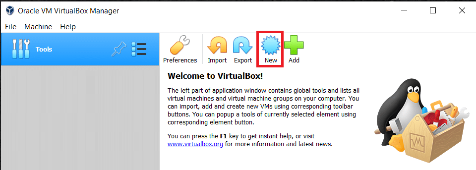Inicie Virtual Box y haga clic en la opción Nuevo en la barra de herramientas para iniciar una nueva máquina virtual