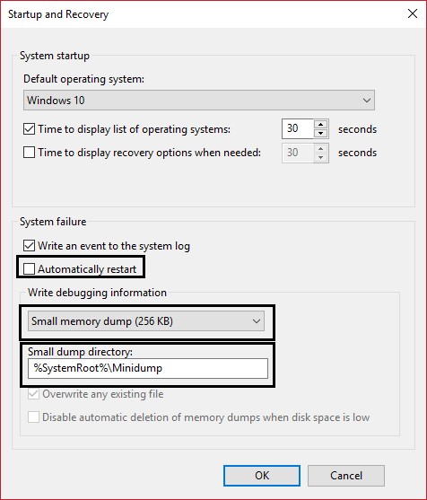 configuración de inicio y recuperación pequeño volcado de memoria y desmarcar reiniciar automáticamente