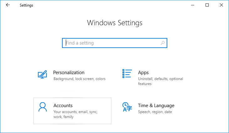 Presione la tecla de Windows + I para abrir Configuración y luego haga clic en Cuentas |  Cómo cambiar la contraseña de su cuenta en Windows 10