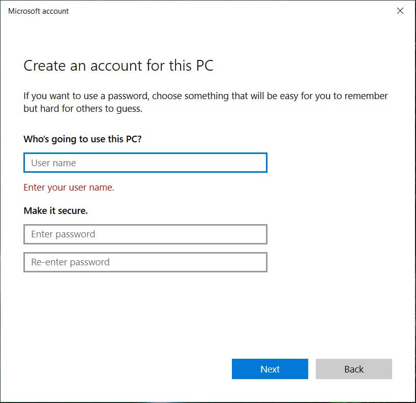 Escriba el nombre de usuario y la contraseña de la nueva cuenta y haga clic en Siguiente | [GUÍA] Restablecer Microsoft Edge a la configuración predeterminada