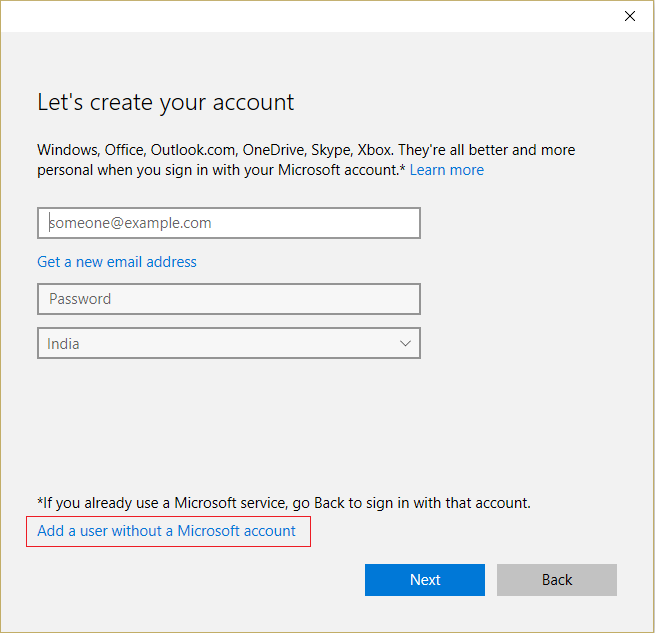 Seleccione Agregar un usuario sin una cuenta de Microsoft