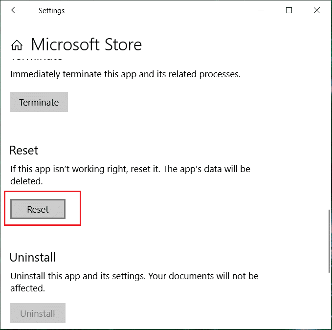 Haga clic en Restablecer para restablecer la tienda de Windows