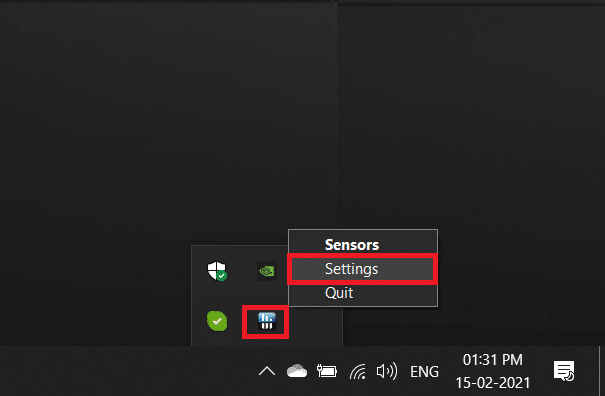 Desde la bandeja de la barra de tareas, haga clic derecho en la aplicación 'HWiNFO' y luego seleccione 'Configuración'.