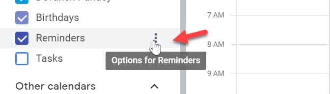 Coloque el cursor del mouse en tres puntos cerca de la opción de mis calendarios.