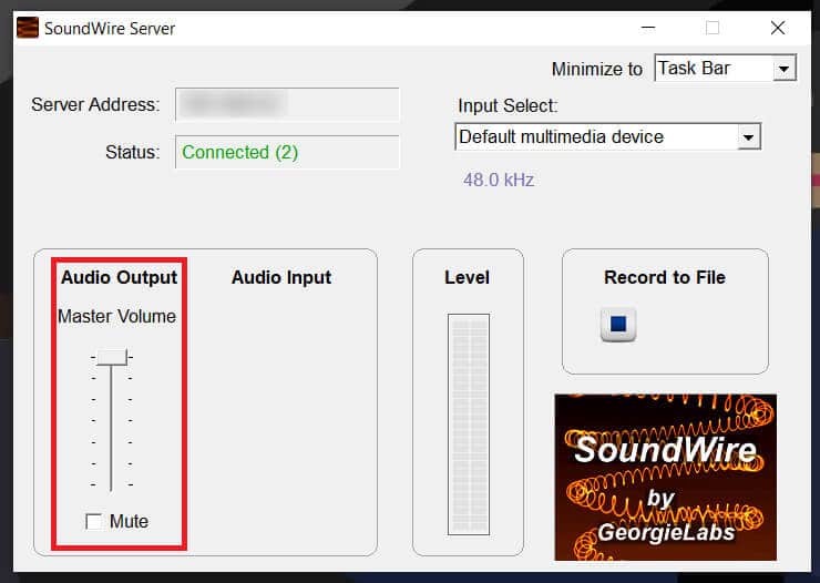 En el software para PC SoundWire, ajuste el volumen del audio según su comodidad