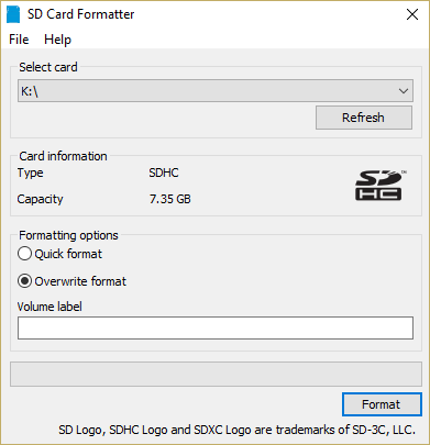 seleccione su tarjeta SD y luego haga clic en la opción Sobrescribir formato