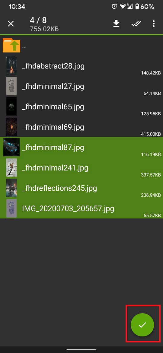 Una vez que se hayan seleccionado todos los archivos, toque la marca verde en la parte inferior derecha de la pantalla para crear correctamente un archivo archivado.