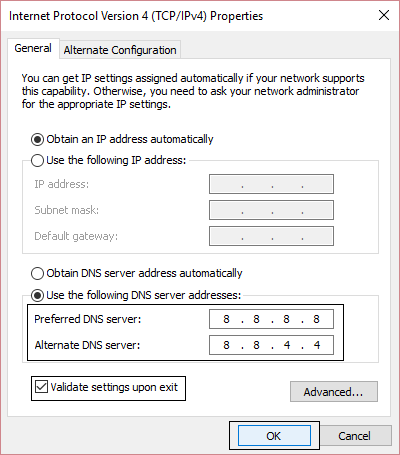 utilice las siguientes direcciones de servidor DNS en la configuración de IPv4 |  Reparar Windows no puede comunicarse con el dispositivo o recurso