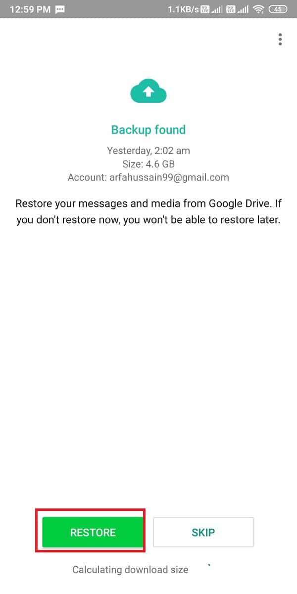 Una vez que WhatsApp detecta la copia de seguridad de la unidad de Google, debe hacer clic en 'Restaurar'.