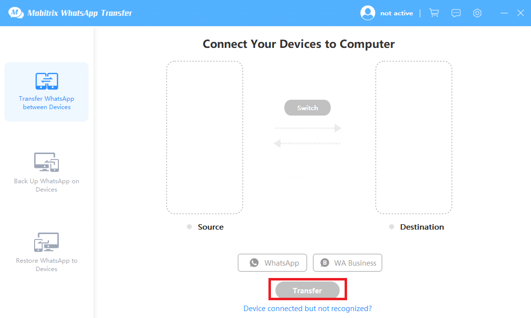 haga clic en 'Transferir' y comenzará el proceso de transferencia |  Restaurar copia de seguridad de Whatsapp desde Google Drive a iPhone