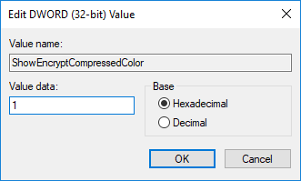 Cambie el valor de ShowEncryptCompressedColor a 1 |  Mostrar nombres de archivos comprimidos o cifrados en color en Windows 10