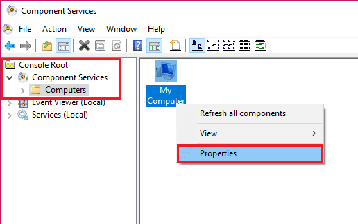 expanda los servicios de componentes y haga clic derecho en mi computadora, luego seleccione propiedades