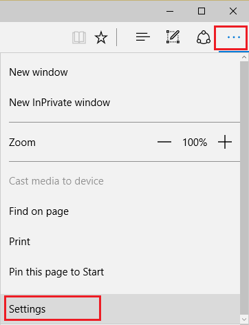 haga clic en tres puntos y luego haga clic en configuración en Microsoft edge |  Deshabilitar el filtro SmartScreen en Windows 10