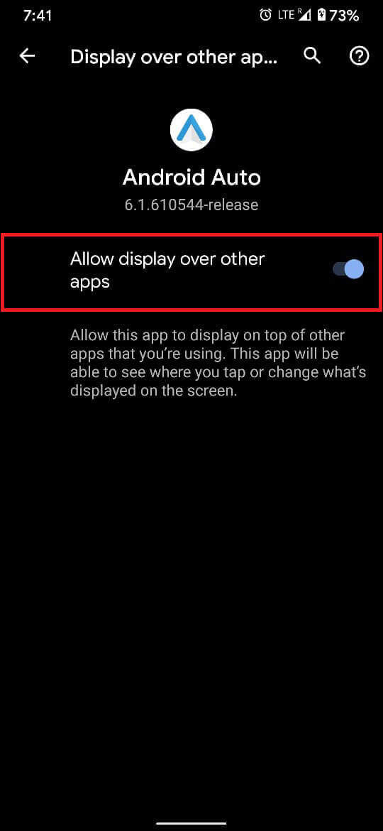 Toque el interruptor de alternar frente a la opción titulada 'Permitir mostrar sobre otras aplicaciones'.