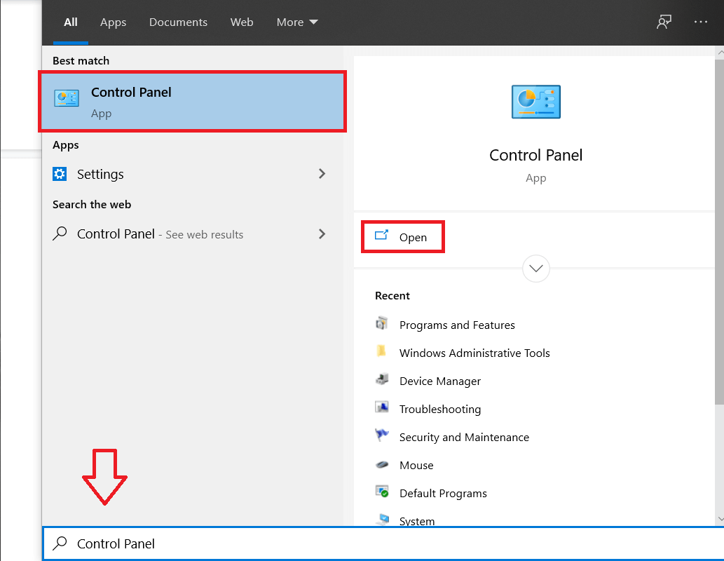 Escriba Panel de control en la barra de búsqueda y presione enter | [FIXED] Error de actualización de Windows 0x80010108