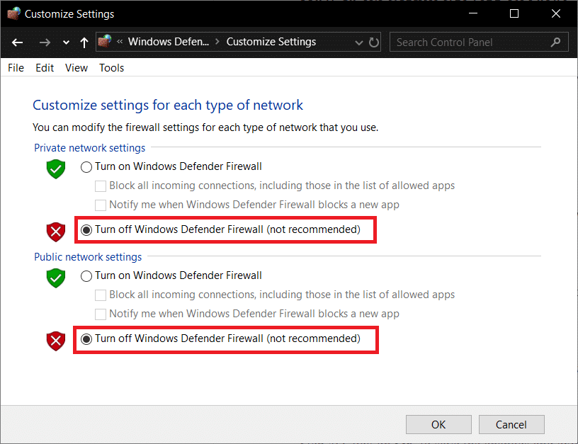Haga clic en Desactivar Firewall de Windows Defender (no recomendado)