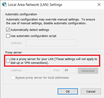 Deshabilite la opción Usar un servidor proxy para su LAN desmarcando la casilla junto a ella.  Haga clic en Aceptar