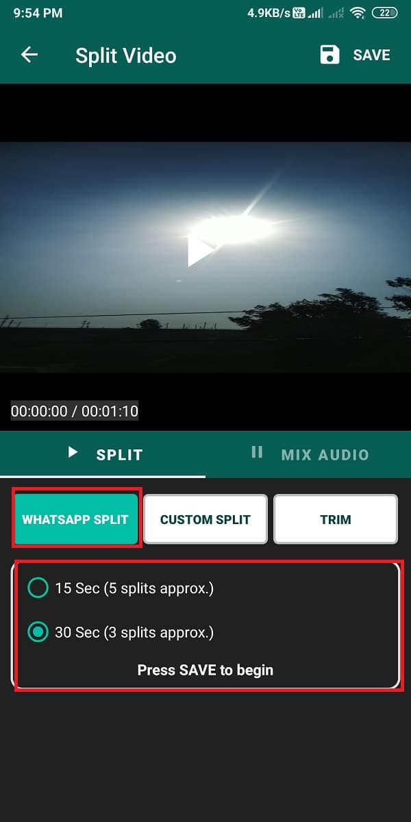 elige los 30 segundos para dividir el video.  |  ¿Cómo publicar o cargar videos largos en el estado de Whatsapp?