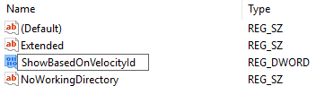 Cambie el nombre de DWORD anterior a ShowBasedOnVelocityId y presione Entrar