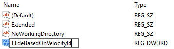 Cambie el nombre de DWORD anterior a HideBasedOnVelocityId y presione Entrar