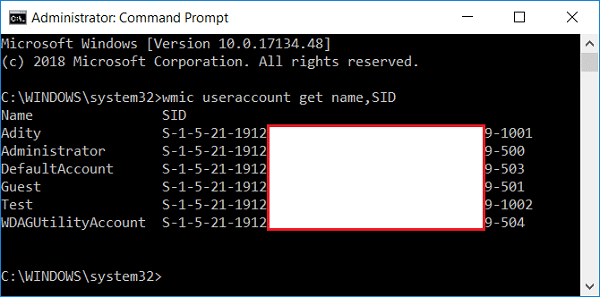 Anote el SID de la cuenta wmic useraccount get name,SID |  Cambiar el nombre de la carpeta de perfil de usuario en Windows 10