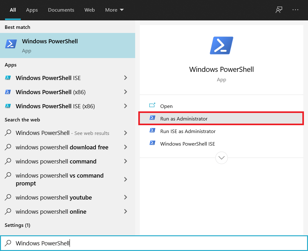 Busque Windows Powershell en la barra de búsqueda y haga clic en Ejecutar como administrador