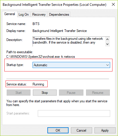 Asegúrese de que BITS esté configurado en Automático y haga clic en Iniciar si el servicio no se está ejecutando |  Solucionar el error de actualización de Windows 8024402F