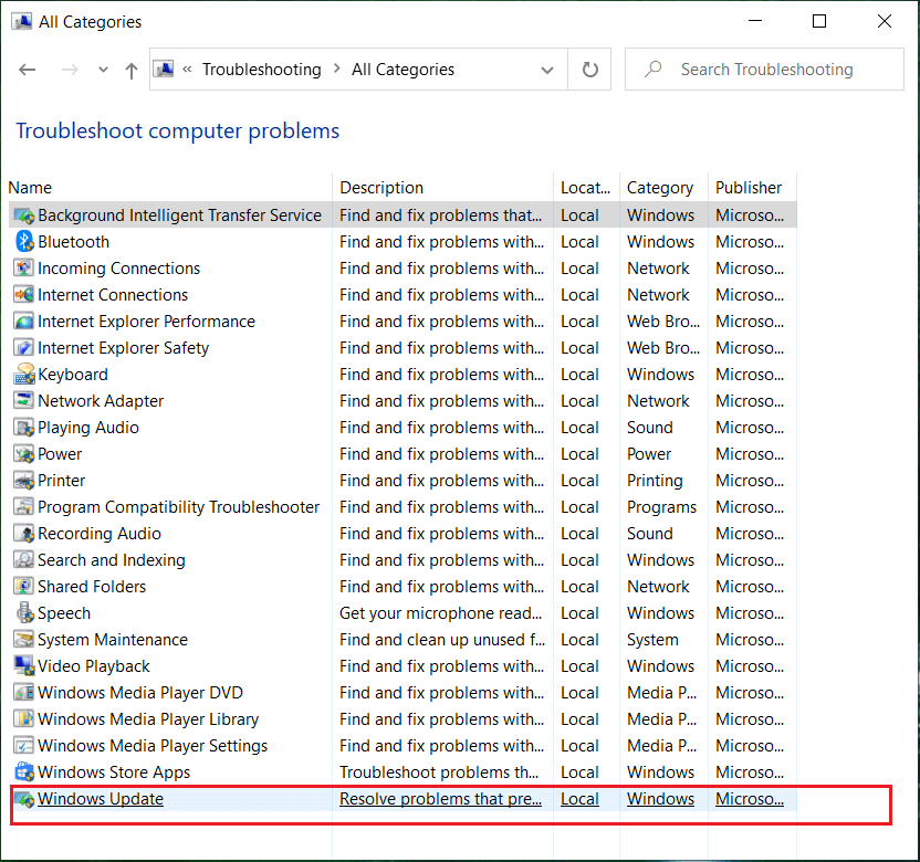 En la lista Solucionar problemas de la computadora, seleccione Windows Update