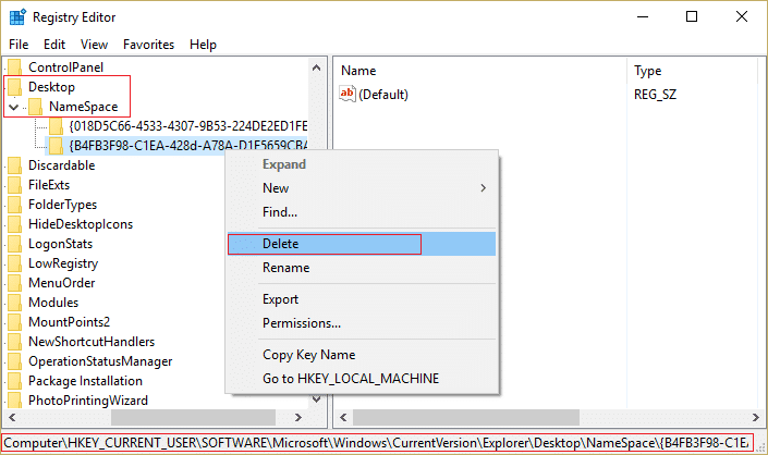 haga clic con el botón derecho en la clave debajo de NameSpace y seleccione Eliminar