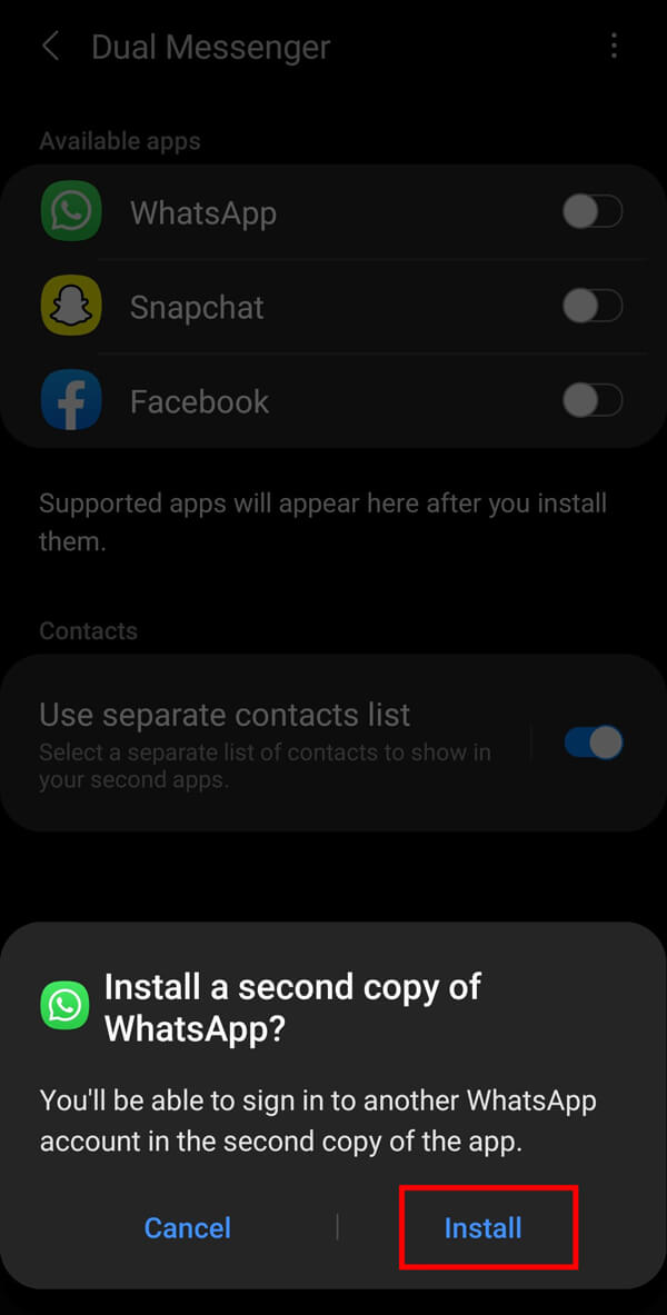 Finalmente, toque el botón Instalar para instalar una copia de la aplicación WhatsApp en su teléfono inteligente. 