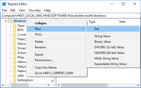 Haga clic derecho en Windows, luego seleccione Nuevo y luego Clave.  Nombre esta nueva clave como AppCompat y presione Enter