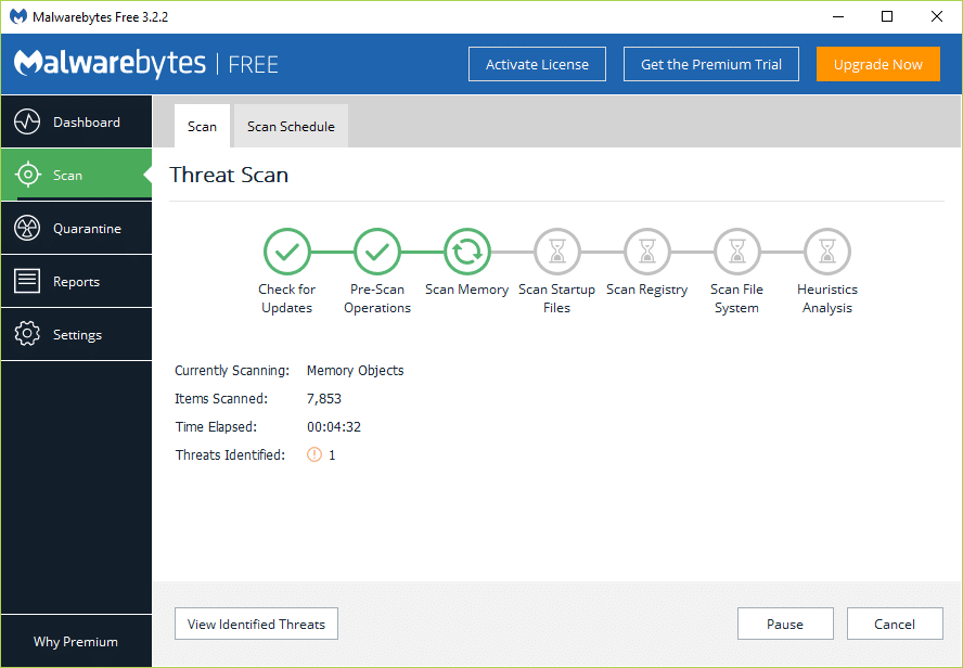  Preste atención a la pantalla Threat Scan mientras Malwarebytes Anti-Malware escanea su PC