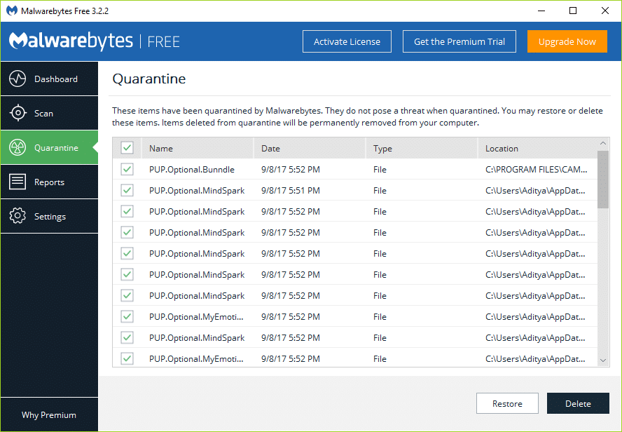 Seleccione todos los programas maliciosos o potencialmente no deseados (PUP) y haga clic en Eliminar